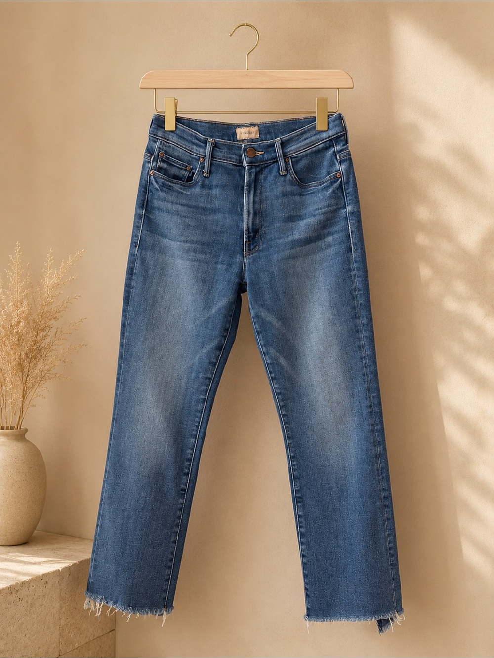 MOTHER Straight Leg Jeans in Medium Blue Denim with Raw Hem